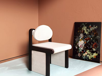 Modern Leisure Chair with White Cushion Black Frame against Orange Wall and Floral Painting 3d model