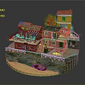 Cartoon Scene With Colorful Houses Balconies Striped Awning Green Plants Waterfront and Small Boat