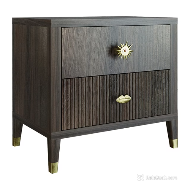 Dark Wood Bedside Table With Two Drawers Star-shaped Handle Vertical Striped Design And Gold Legs 3d model 