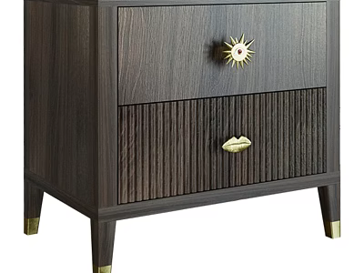Dark Wood Bedside Table With Two Drawers Star-shaped Handle Vertical Striped Design And Gold Legs 3d model