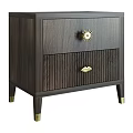 Dark Wood Bedside Table With Two Drawers Star-shaped Handle Vertical Striped Design And Gold Legs