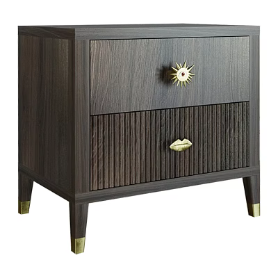 Dark Wood Bedside Table With Two Drawers Star-shaped Handle Vertical Striped Design And Gold Legs 3d model