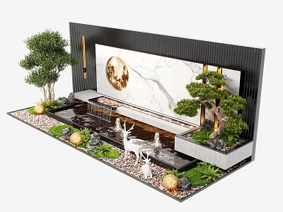 Modern Landscape Feature Wall With Marble Panel Water Feature Green Plants And Deer Sculptures 3d model