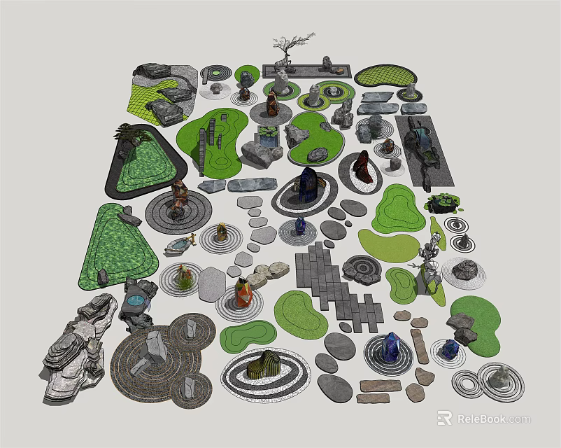 Diverse Garden Ornaments Collection Featuring Green Plant Shapes Stone Elements And Pathway Designs 3d model 