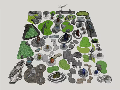 Diverse Garden Ornaments Collection Featuring Green Plant Shapes Stone Elements And Pathway Designs 3d model