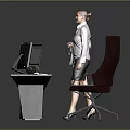 Gray Modern Office Desk With Computer Printer Plant And Comfortable Chair 3d model