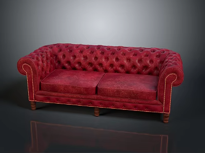 Red Tufted Leather Two Seater Sofa With Wooden Legs And Armrests 3d model