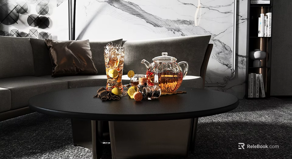 Refreshing Iced Tea in Glass Teapot on Living Room Coffee Table with Lemon Slices and Ice 3d model 