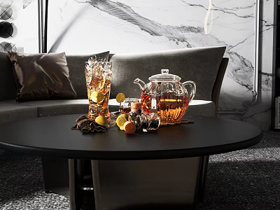 Refreshing Iced Tea in Glass Teapot on Living Room Coffee Table with Lemon Slices and Ice 3d model