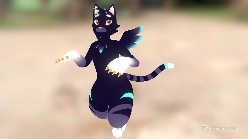 Black Cat Character With Wings White Paws And Striped Tail Holding Orange Objects 3d model 