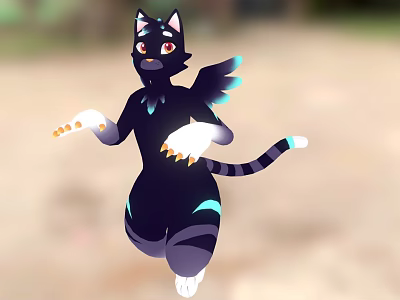 Black Cat Character With Wings White Paws And Striped Tail Holding Orange Objects 3d model
