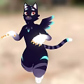 Black Cat Character With Wings White Paws And Striped Tail Holding Orange Objects