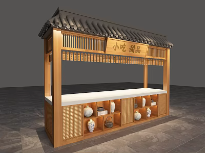 Traditional Chinese Wooden Food Kiosk With Snacks Desserts Countertop And Porcelain Decorations 3d model