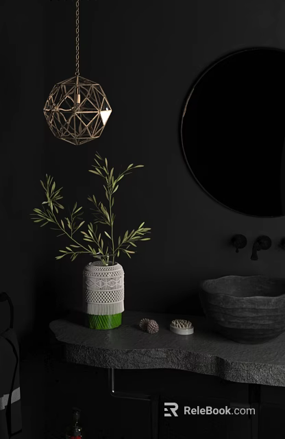 Modern Bathroom Interior With Black Walls Round Mirror Woven Vase Green Plants And Stone Sink 3d model 