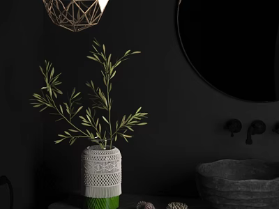 Modern Bathroom Interior With Black Walls Round Mirror Woven Vase Green Plants And Stone Sink 3d model