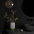Modern Bathroom Interior With Black Walls Round Mirror Woven Vase Green Plants And Stone Sink