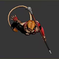 Woman In Red Bodysuit Holding Staff And Whip Against Gray Background
