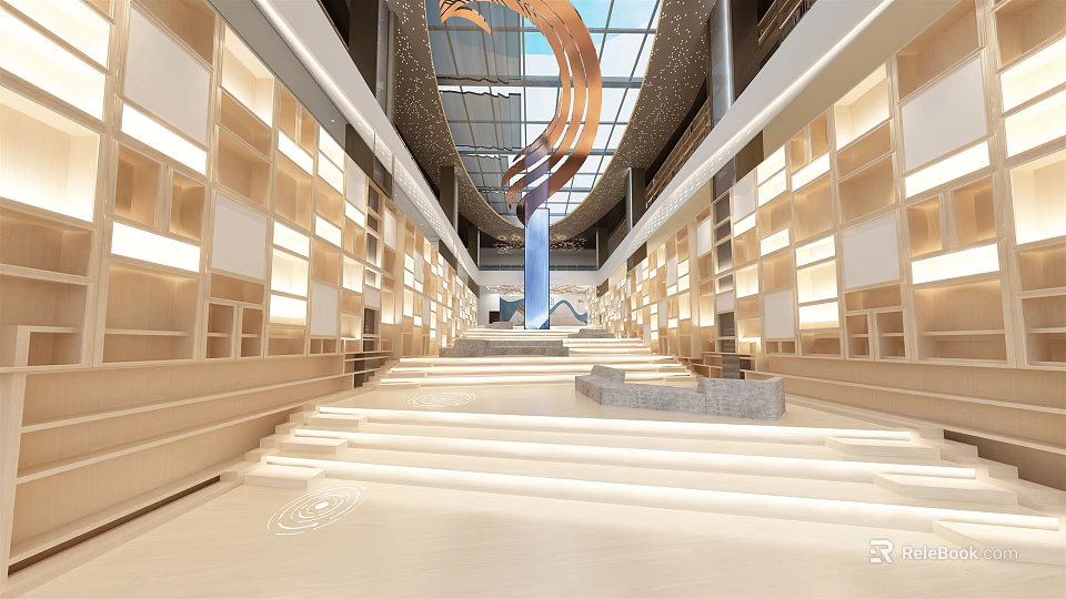 Modern Hall Interior With Long Steps Glass Skylight And Curved Decorations 3d model 