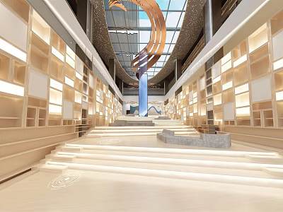Modern Hall Interior With Long Steps Glass Skylight And Curved Decorations 3d model