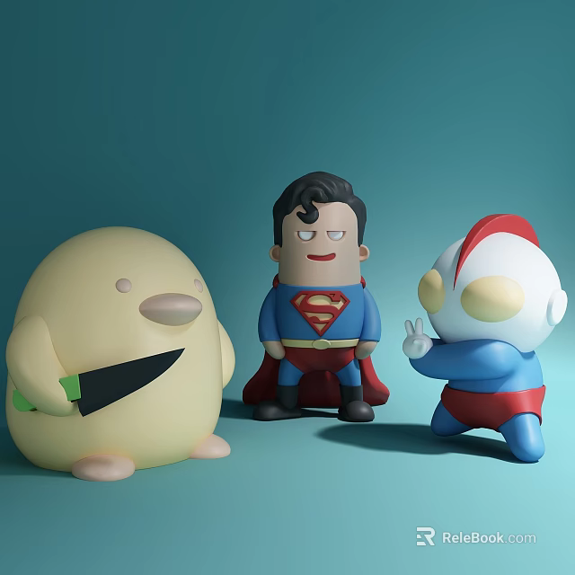 Yellow Duck Doll Holding Green Knife Superman Style And Big Eyed Hero Colorful Toy Figures 3d model 