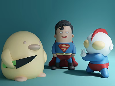 Yellow Duck Doll Holding Green Knife Superman Style And Big Eyed Hero Colorful Toy Figures 3d model