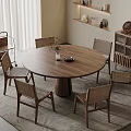 Modern Minimalist Round Wooden Dining Table Set with Six Rattan Back Chairs and Area Rug
