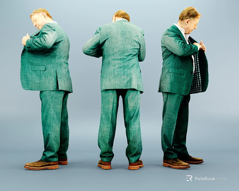 Men Wearing Green Suits Adjusting Jackets From Side And Back Against Gray Background 3d model 