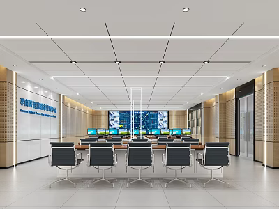 Modern Monitoring Room Interior With Large Monitoring Screens Control Desks And Chairs 3d model