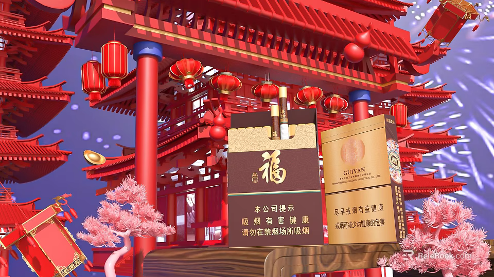 Traditional Chinese Ancient Architecture with Red Lanterns Golden Decorations Fortune Characters and Pink Flowers 3d model 