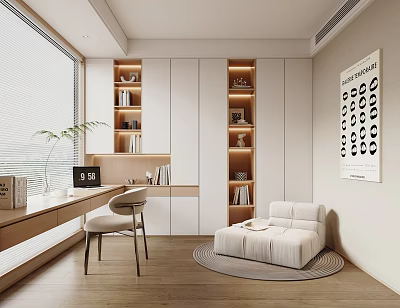 Bright Modern Study Room With Large Window Wooden Desk And Cozy Seating 3d model
