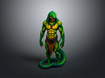 Green Muscular Snake Humanoid Creature With Tribal Attire And Coiled Tail 3d model