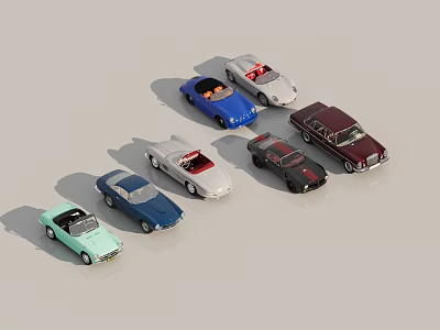 Colorful Classic Car Models with Open Top and Sedan Styles on White Surface 3d model