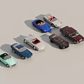 Colorful Classic Car Models with Open Top and Sedan Styles on White Surface