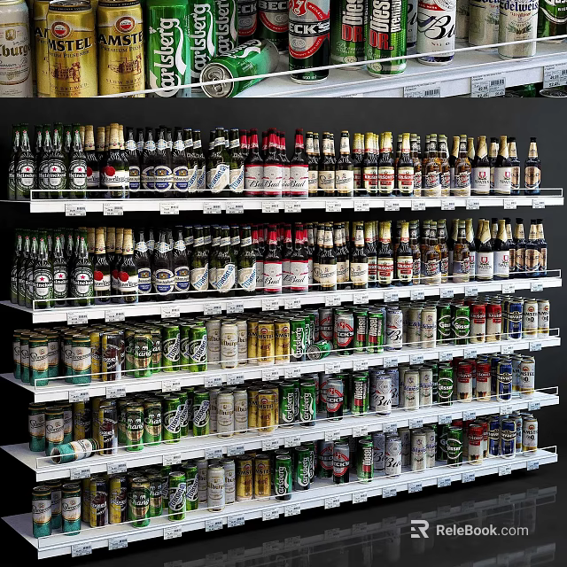 Display Shelves With Multiple Layers Holding Various Beer Bottles In Retail Store 3d model 