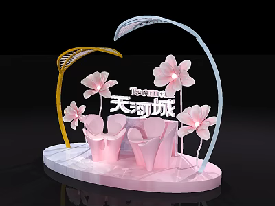 Elegant Teemall Decorative Installation With Pink Flowers And Curved Structures 3d model