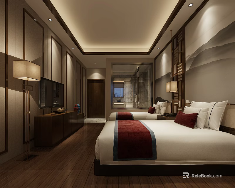 Elegant Chinese Style Hotel Guest Room With Twin Beds Red Runners And Wooden Flooring 3d model 