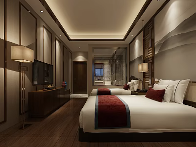 Elegant Chinese Style Hotel Guest Room With Twin Beds Red Runners And Wooden Flooring 3d model