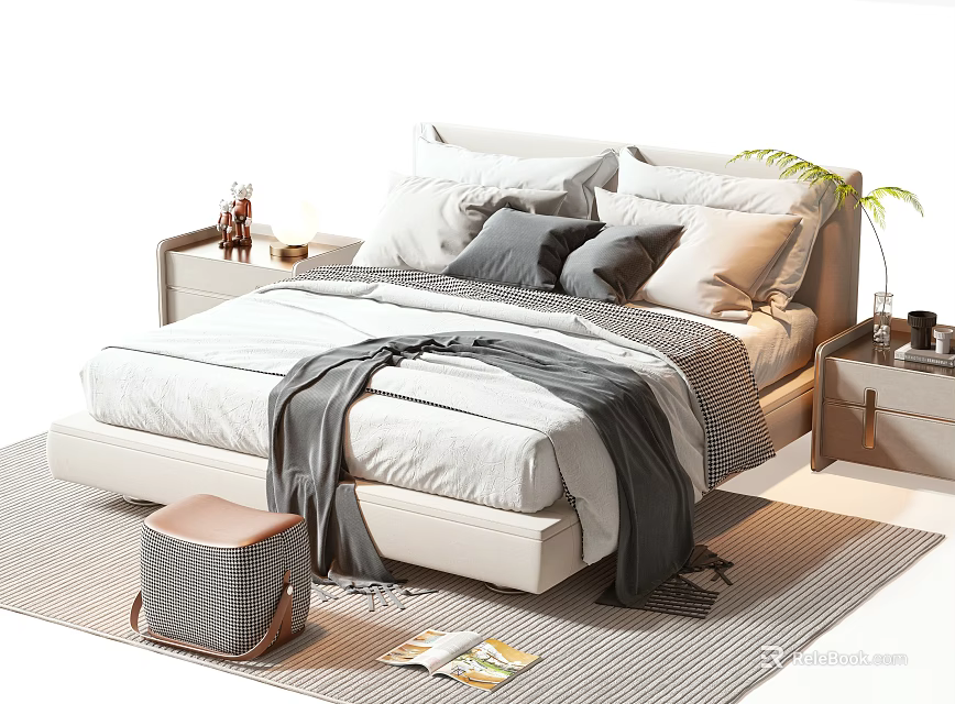 Modern Double Bed With Pillows Blanket Nightstands Lamp Striped Ottoman And Green Plant On Rug 3d model 