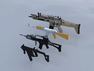 Three Modern Tactical Weapons With Scopes Colored Grips And Black Silver Tan Designs 3d model