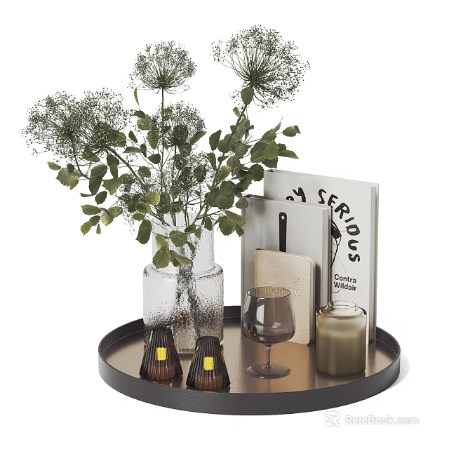 Decorative Ornament Set With Clear Glass Vase Greenery Book Wine Glass And Candles On Tray 3d model 