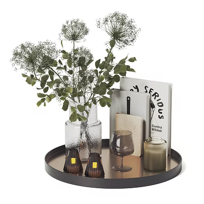 Decorative Ornament Set With Clear Glass Vase Greenery Book Wine Glass And Candles On Tray 3d model