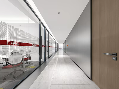 Modern Office Elevator Corridor With Glass Walls And Marble Flooring 3d model