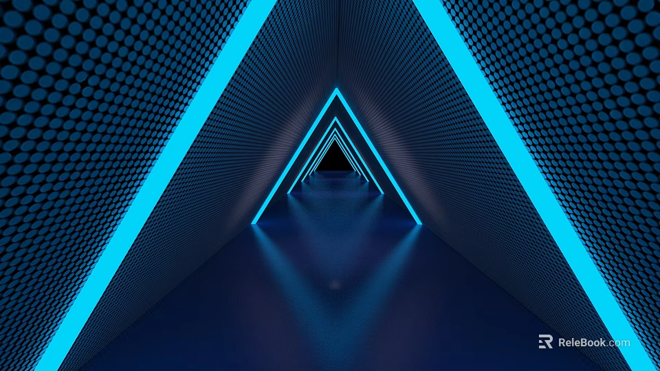 Futuristic Tunnel With Blue Neon Lights Black Grid Walls And Deep Blue Floor 3d model 