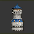 Detailed Blue And White Brick Tower Model With Spire Roof Yellow Trim And Cylindrical Structure