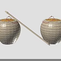Two Wicker Storage Baskets With Red Strings And Wooden Stick For Home Use