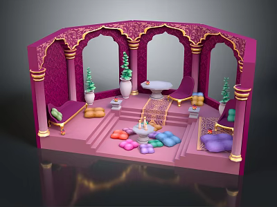 Cartoon Style Palace Interior With Arched Doorways Golden Accents Pink Purple Decor And Green Plants 3d model