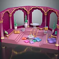 Cartoon Style Palace Interior With Arched Doorways Golden Accents Pink Purple Decor And Green Plants