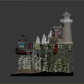 Scenic Landscape With Lighthouse Red House Boat And Green Trees Around Water