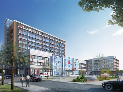 Modern Multi Story Hospital Building Exterior With Glass Windows And Landscaping 3d model