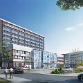 Modern Multi Story Hospital Building Exterior With Glass Windows And Landscaping